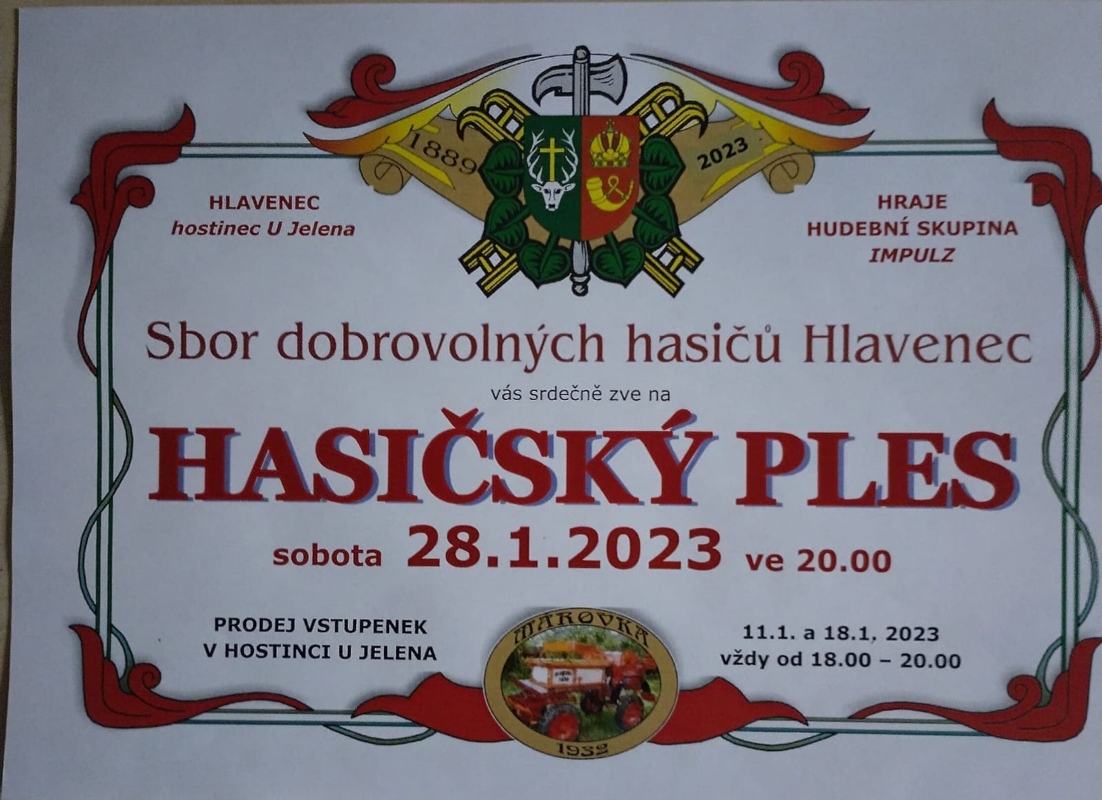 Sbor dobrovolných hasičů Hlavenec zve na Hasičský ples, sobota 28.1.2023 ve 20.00